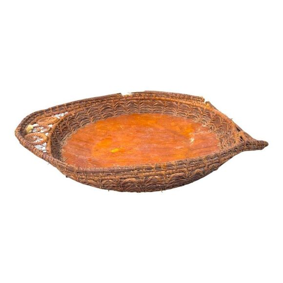 Antique Oval Wicker & Wood Serving Tray  Intricate Weave & Handle Design READ - Picture 1 of 8